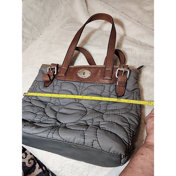 FOSSIL‎ Bag Purse Keyper Gray Quilted Womens Tote Nylon Satchel Flower Design - Picture 11 of 15